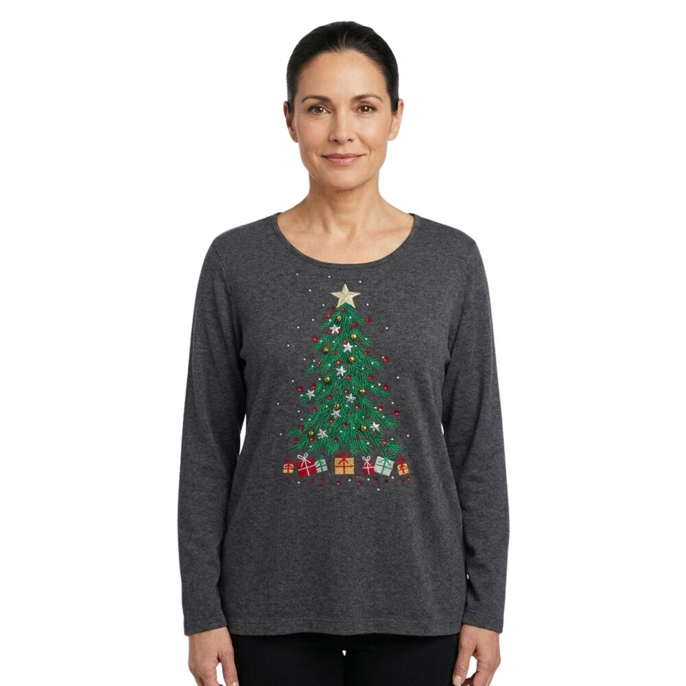 🎄 Quacker Factory Christmas Tree Holiday Long Sleeve Top Gray L